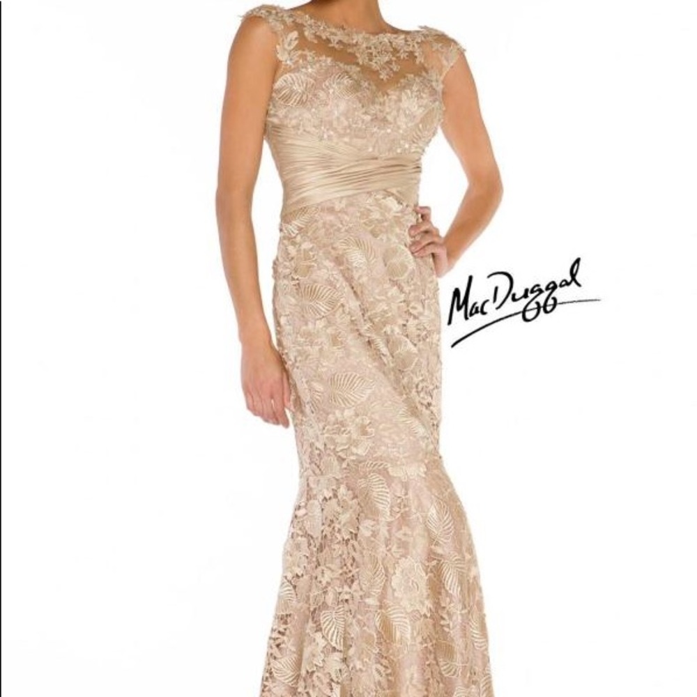 Champagne color,lace Mac Duggal gown